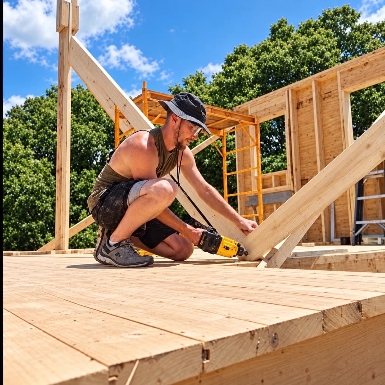 Builder kneeling on a framed floor with an impact driver, setting a timber brace